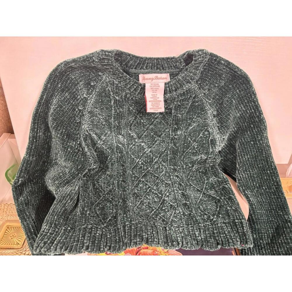TOMMY BAHAMA Girls Chenille‎ Knit Forest Green Scalloped Hem Sweater Size Small